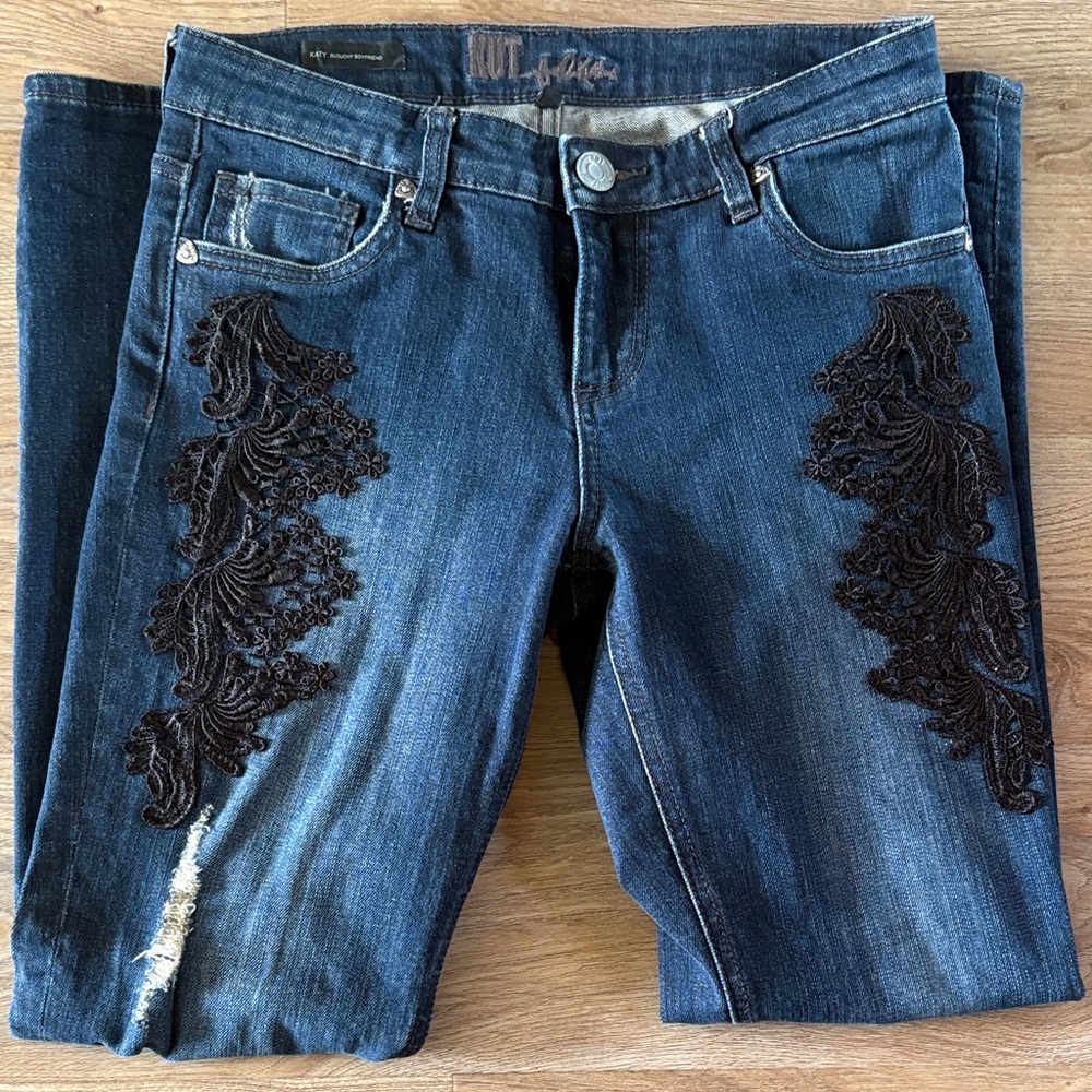 KUT from the Kloth Katy Dark Rinse  PremiuBlue Jeans with Black Lace Detail Sz 2